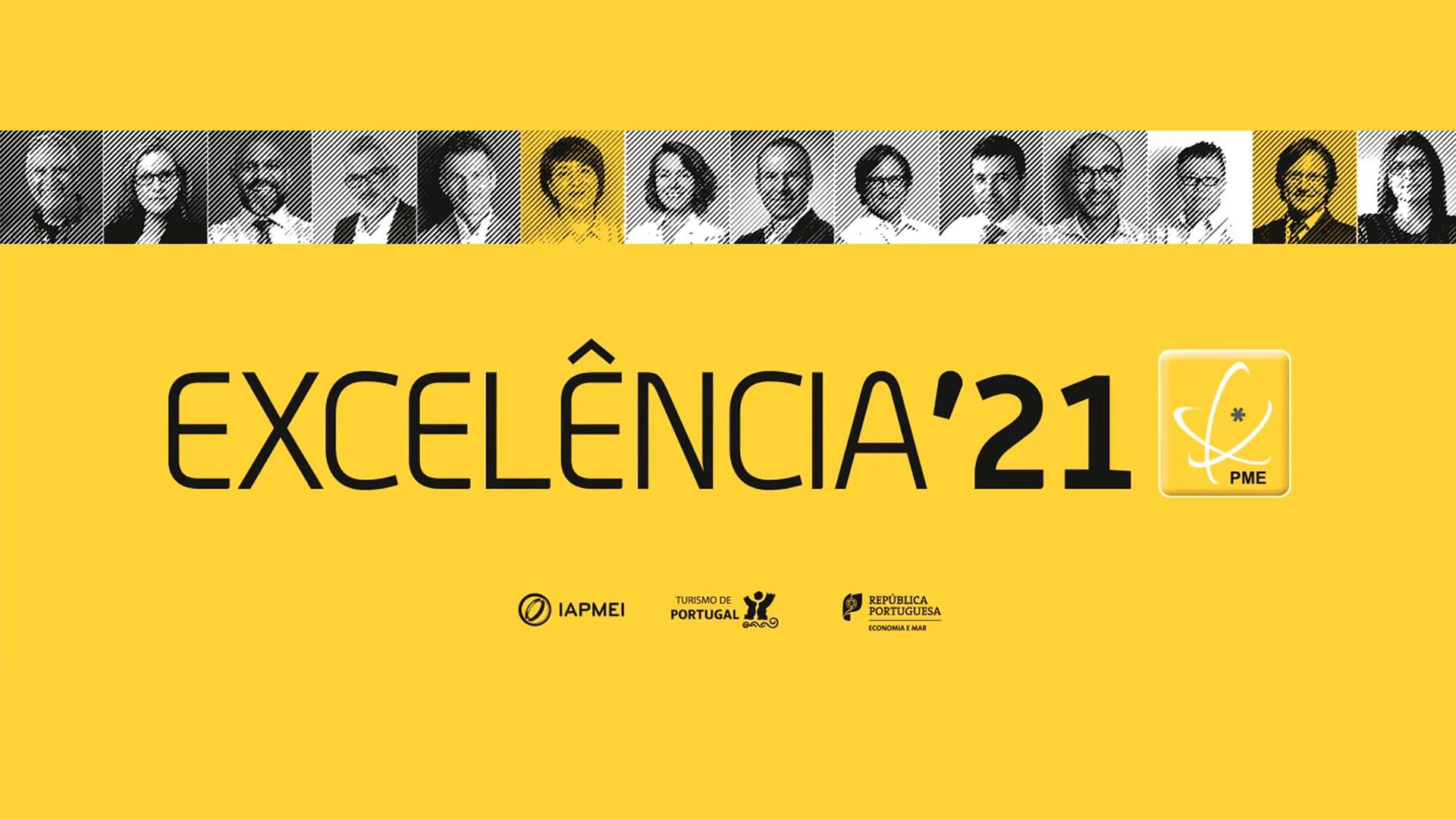 Yellow banner displaying “Excelência’21 PME” with logos of IAPMEI, Turismo de Portugal, and the Portuguese Republic, celebrating business excellence.