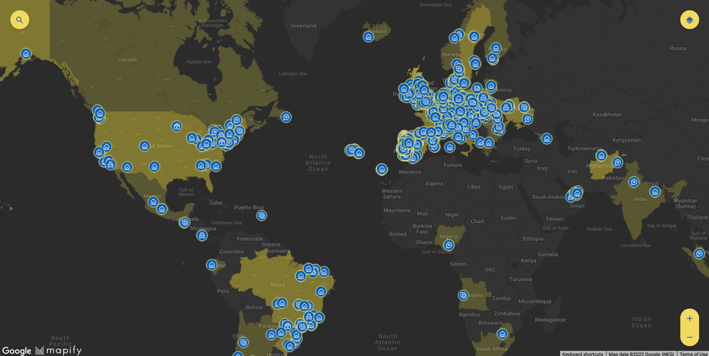 Dark-themed world map displaying numerous blue location markers across Europe, North America, and other regions, indicating global support points.