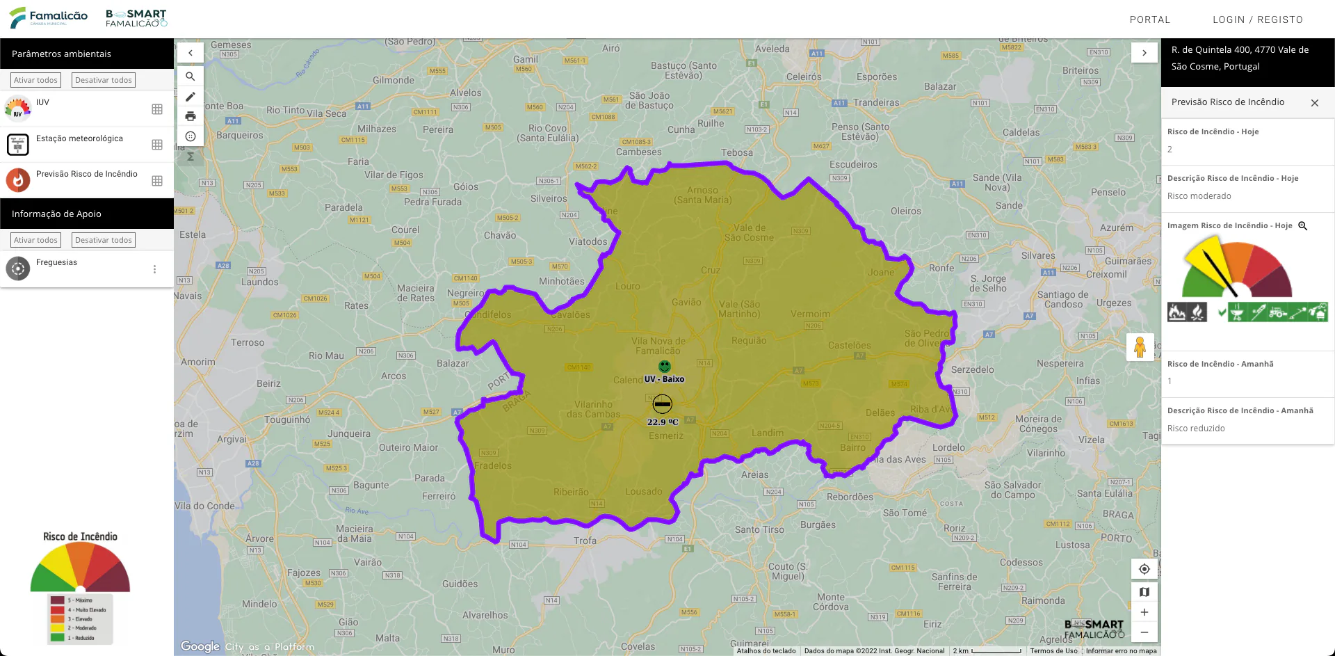 Map of Vila Nova de Famalicão highlighting municipal boundaries and current fire risk levels with a color-coded risk indicator.