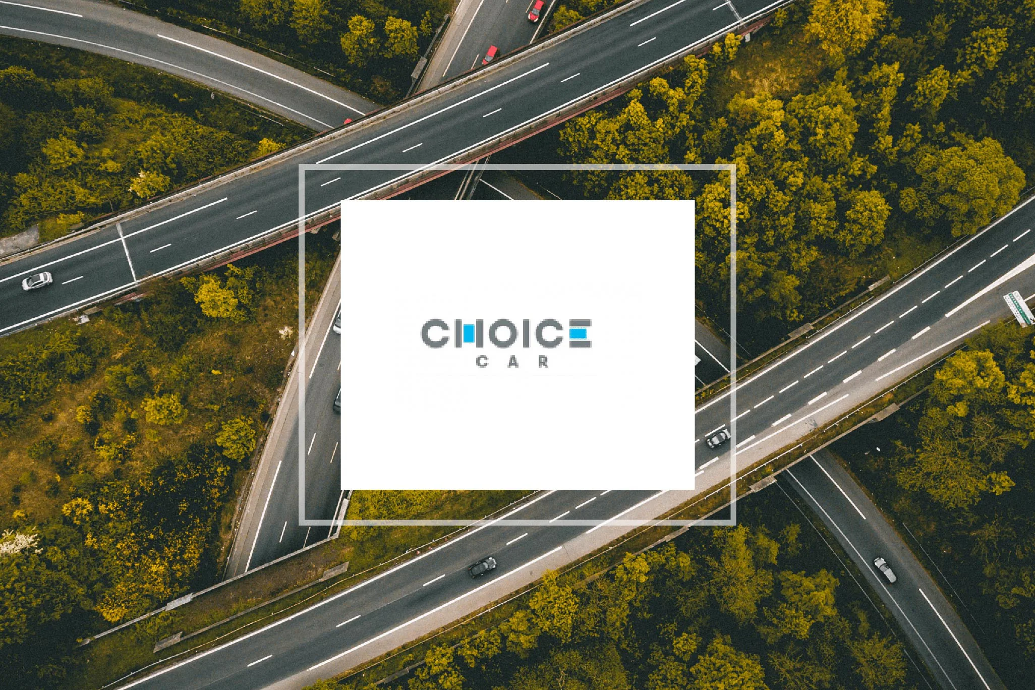 Choice Car logo overlaid on an aerial view of a highway interchange surrounded by green trees.
