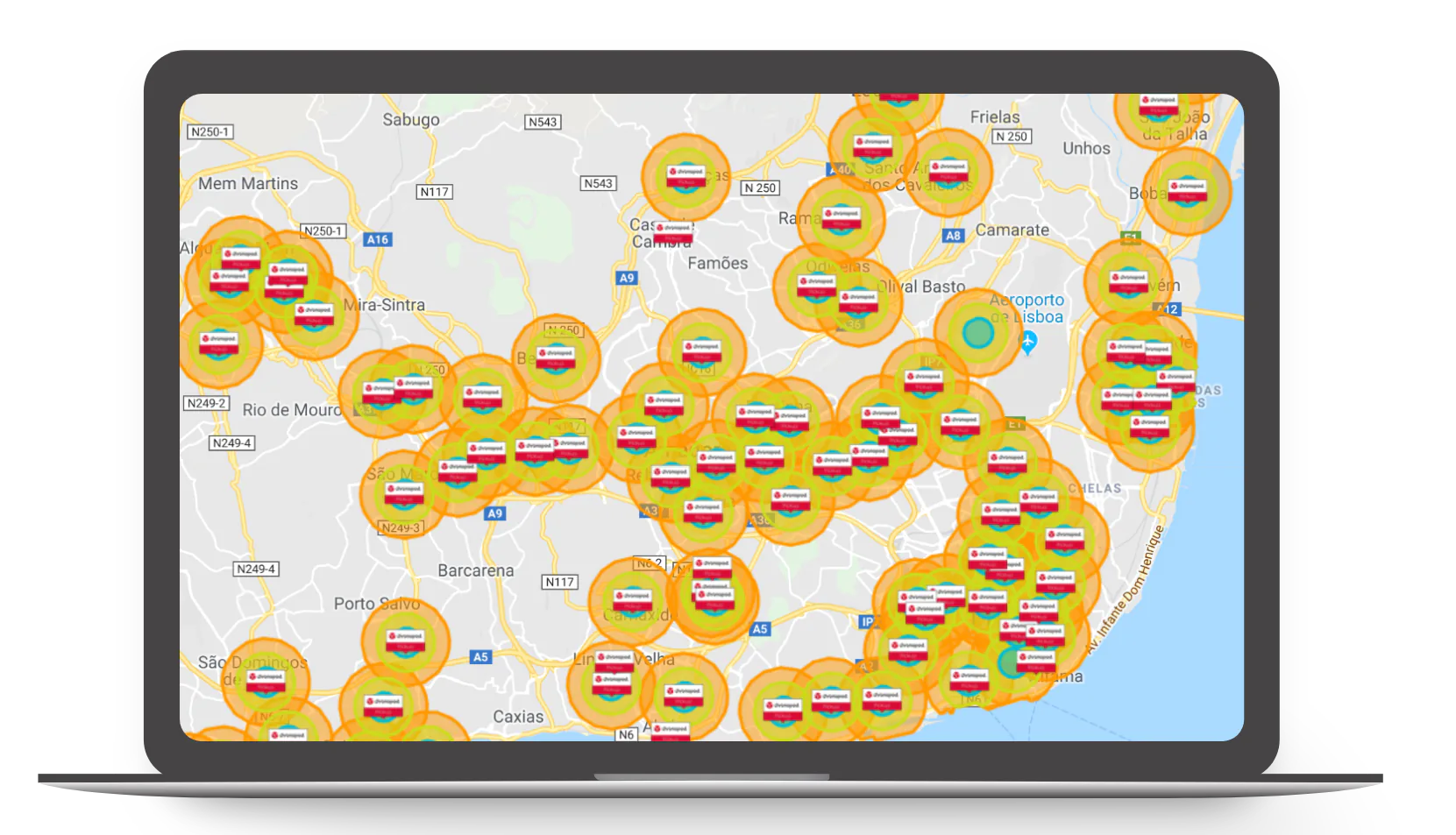 Interactive map displaying Chronopost service coverage around the Lisbon metropolitan area, marked with multiple location clusters and delivery points.