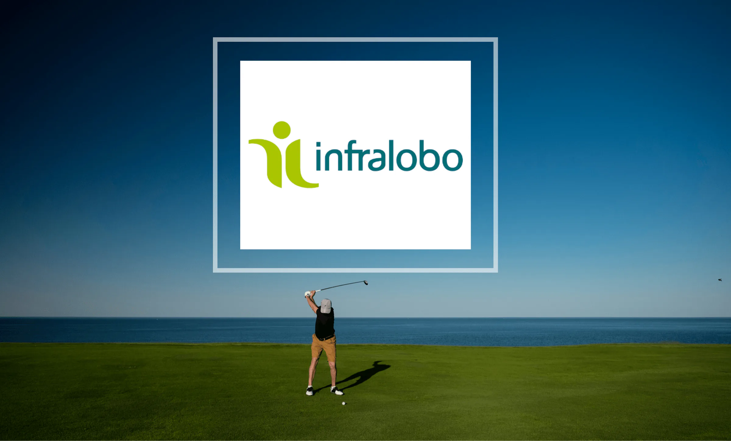 Infralobo logo overlaid on a scenic coastal golf course, with a golfer mid-swing overlooking the ocean.