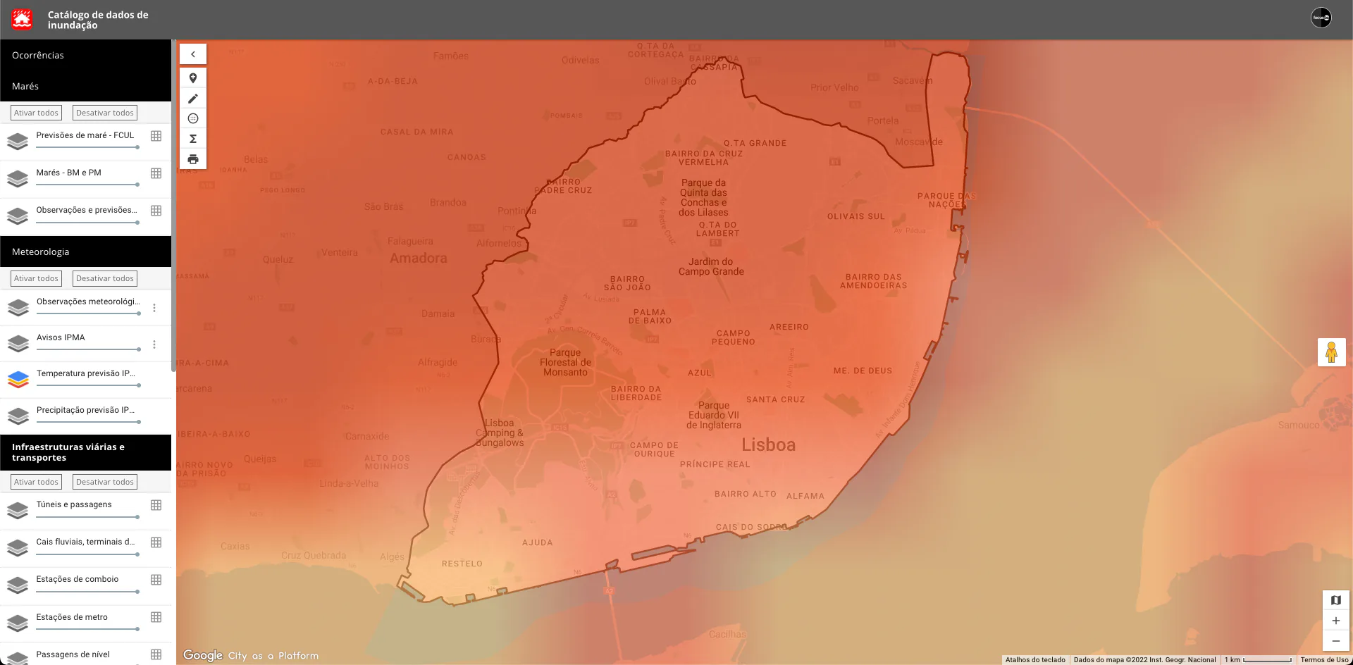 Lisbon flood data catalogue interface displaying a heat map overlay indicating meteorological or flood risk intensity across the municipality.