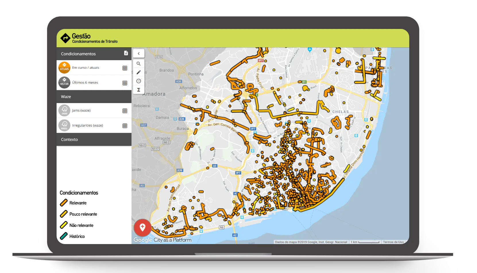 Traffic management dashboard displayed on a laptop, showing an interactive map of Lisbon with highlighted road restrictions and congestion areas.