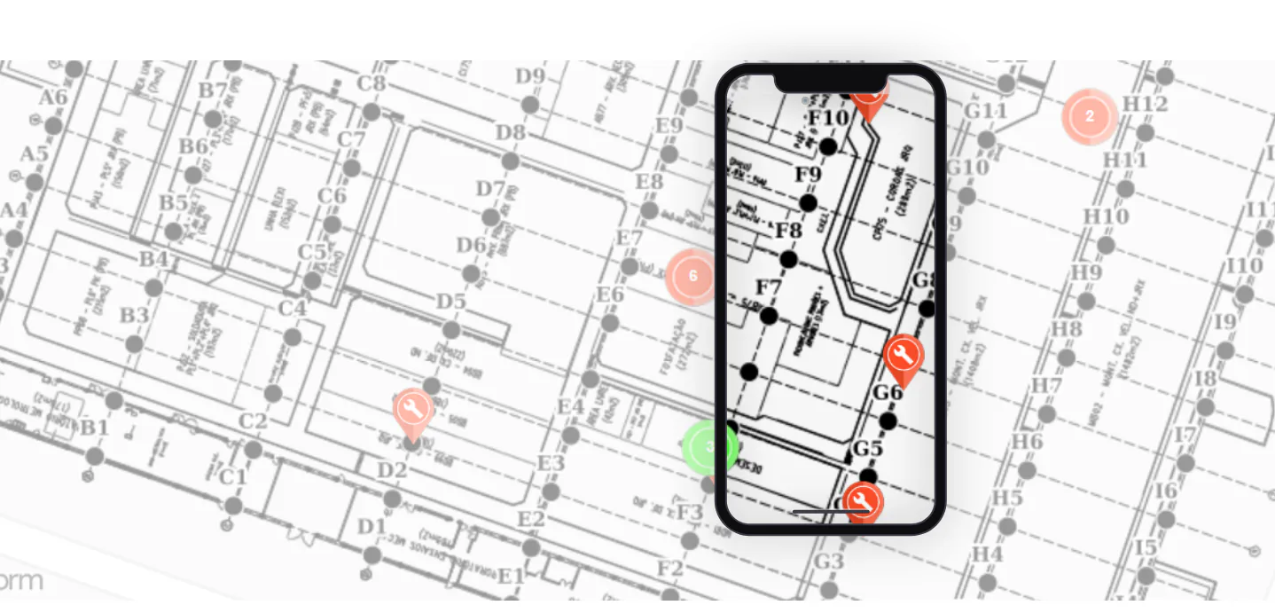 Smartphone displaying utility network data points over a technical infrastructure map with location pins and asset markers.